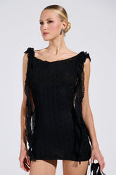 NEVER BASIC RUFFLED MESH MINI DRESS IN BLACK