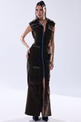 NOW YOU SEE ME VELVET DENIM MAXI DRESS