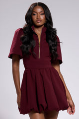 NAME OF THE GAME SHORT SLEEVE ZIPPERED MINI DRESS IN BURGUNDY