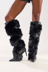 AZALEA WANG CONRADDE BLACK MIXED MATERIAL FUR AND SNAKE STILETTO BOOT