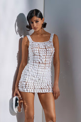 SHINE BRIGHT CROCHET SEQUIN MINI DRESS IN WHITE