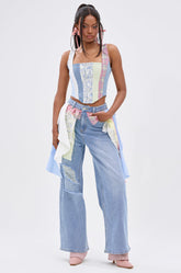LET THE FUN BEGIN DENIM PANT WITH PLAID DETAILS