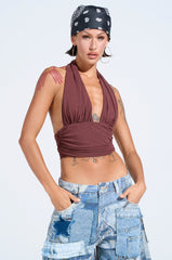 PAXTON SEXY RUCHED PLUNGE MESH HALTER TOP