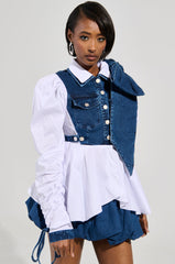 MELODY DENIM TIE POPLIN BLOUSE