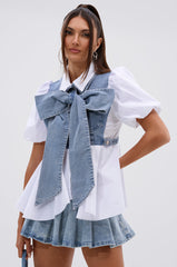 FAITH SHORT SLEEVE DENIM TIE POPLIN BLOUSE TOP
