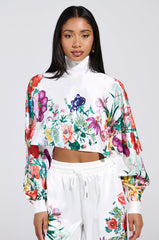 FULL BLOOM SATIN MOCK NECK BLOUSE IN WHITE