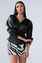 EASY ENOUGH FAUX LEATHER TIE FRONT BLOUSE