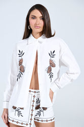 EMBROIDERED FLOWER LINEN BUTTON UP