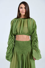 LAURA RUCHED CROPPED BLOUSE IN GREEN
