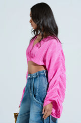 CROPPED PLISSE RUCHED SLEEVE BLOUSE