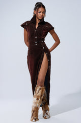 CHELSEA BUTTON DOWN MAXI DRESS IN VELVET DENIM