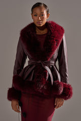 KENZY FUR TRIM MOTO IN BURGUNDY