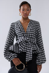 GIRL PLEASE HOUNDSTOOTH TIE-FRONT BLOUSE