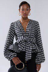 GIRL PLEASE HOUNDSTOOTH TIE-FRONT BLOUSE