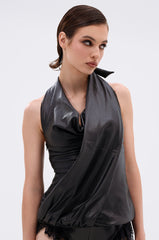 KRISTIN FAUX LEATHER HALTER BLOUSE IN BLACK