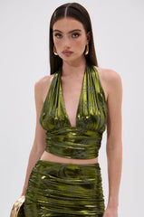 TAYLOR METALLIC HALTER TOP IN GREEN