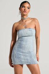JUST WANNA ROCK DENIM RHINESTONE MINI DRESS
