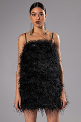 ANYTHING AND EVERYTHING STRAPLESS FEATHER MINI DRESS