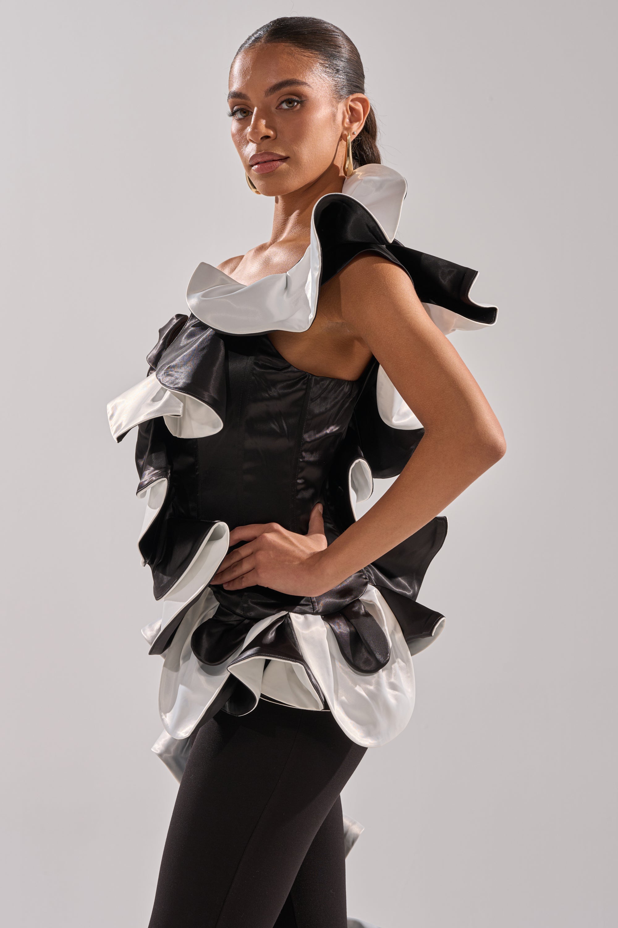 SNOB IS A HABIT RUFFLE DETAIL SATIN TOP