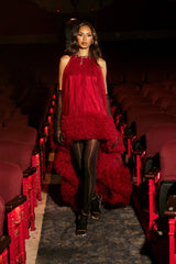 ARI TULLE HIGH LOW DRESS IN BURGUNDY