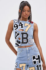 PATCH DENIM BLOUSE TOP WITH OPEN BACK