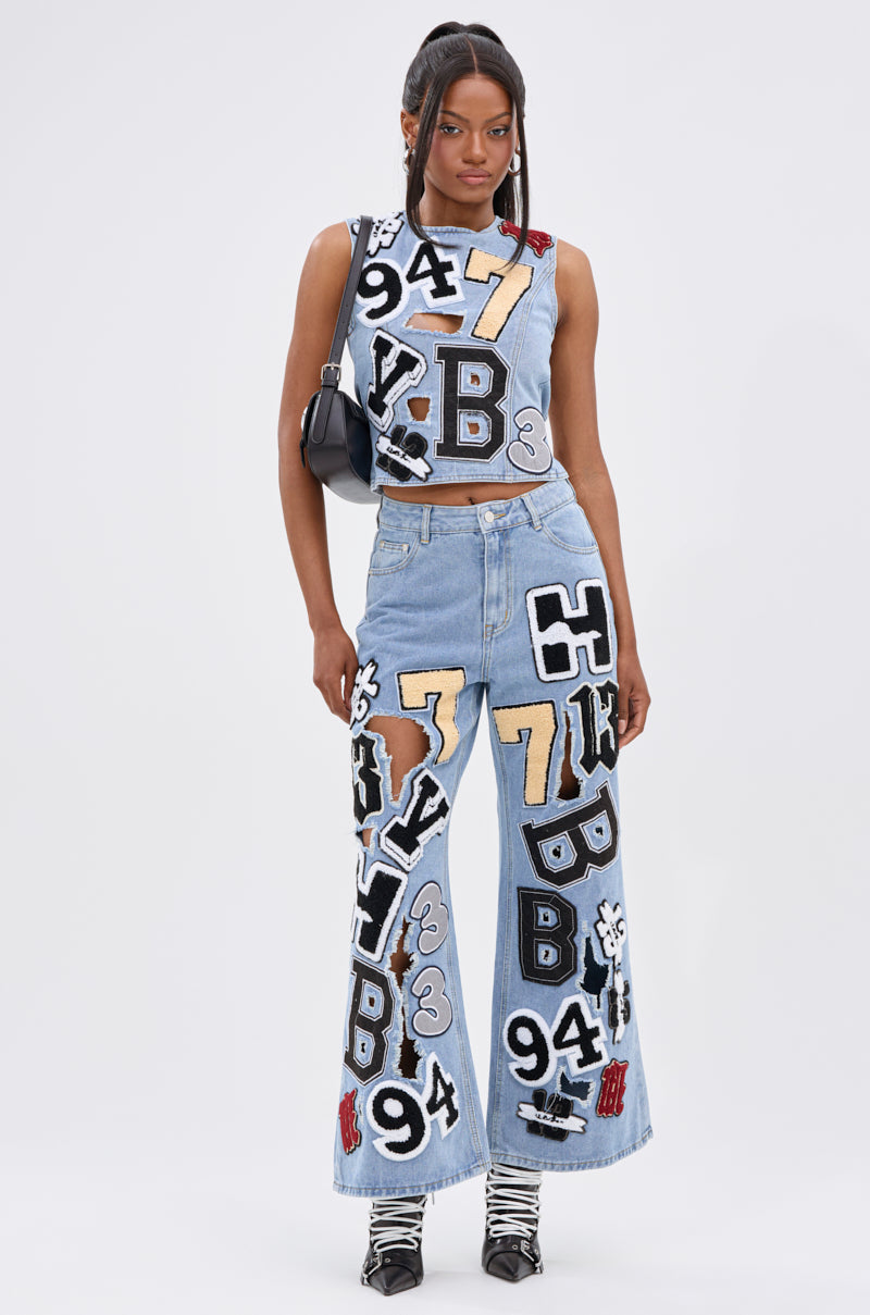 PATCH DENIM BLOUSE TOP WITH OPEN BACK