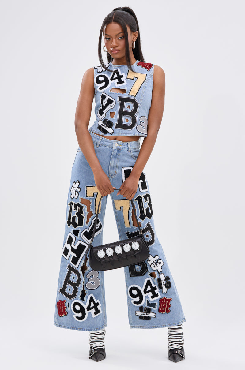 PATCH DENIM BLOUSE TOP WITH OPEN BACK