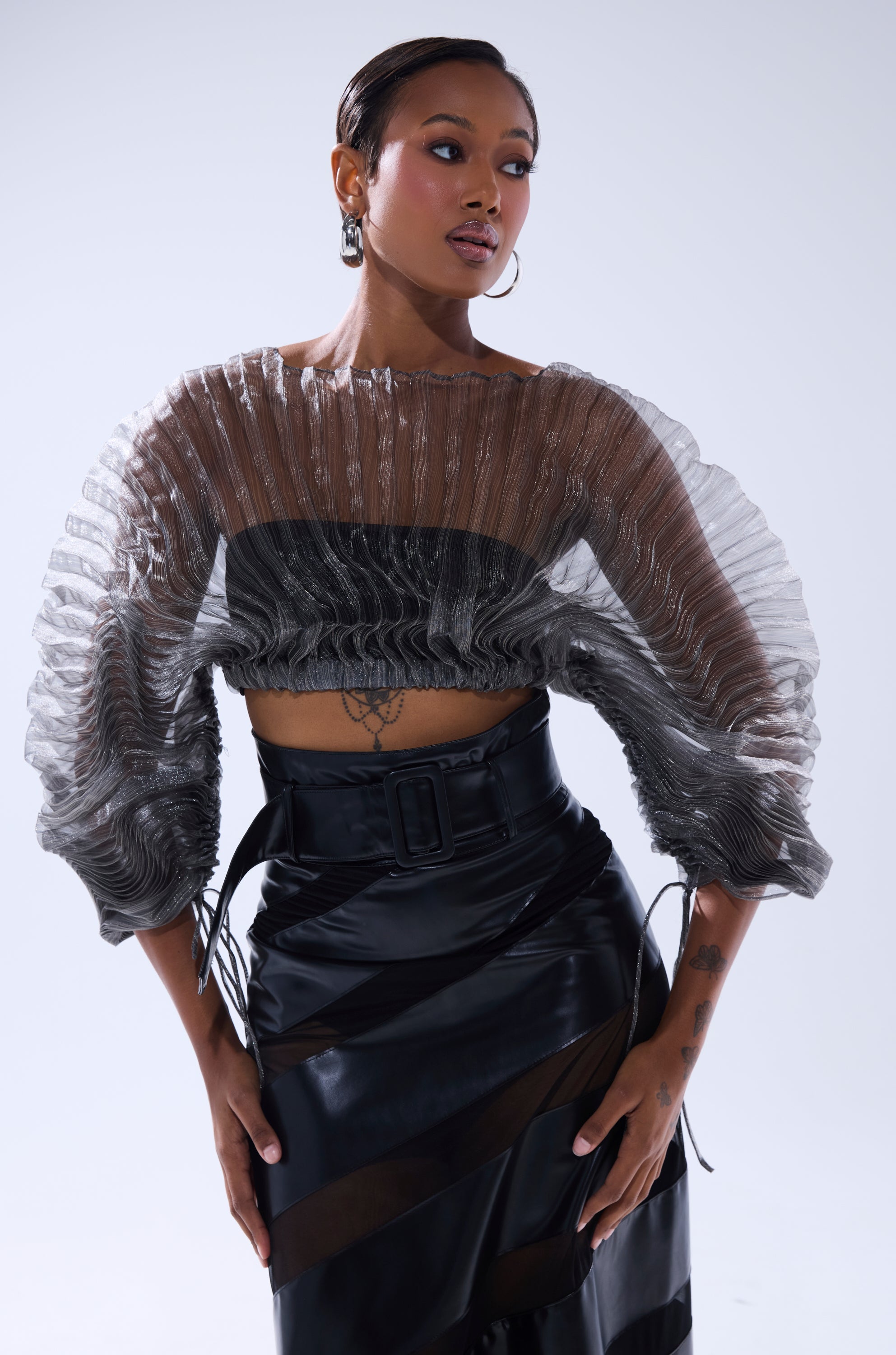 SHEER PLEATED CROP TOP IN GREY