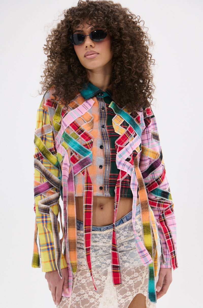 FEELING CRAZY MIXED PLAID BUTTON DOWN