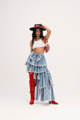 DISTRESSED TIERED ASYMMETRIC MIDI SKIRT