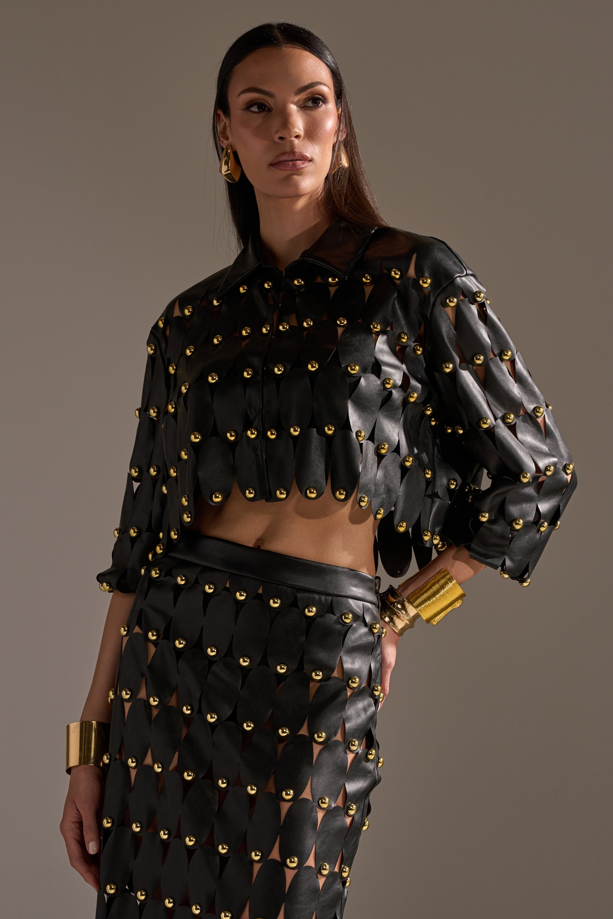 THE SNEAK PEEK STUDDED PU BLOUSE IN BLACK