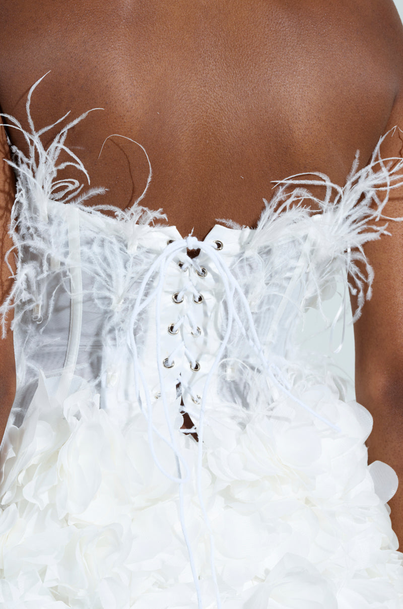 ON BROADWAY FEATHER AND FLOWER MINI DRESS