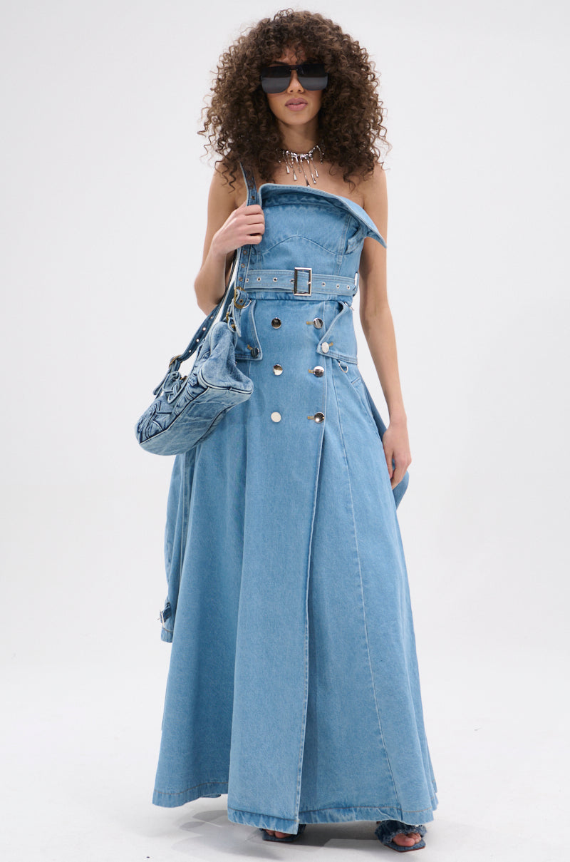 STRAPLESS TRENCH MAXI DRESS IN DENIM