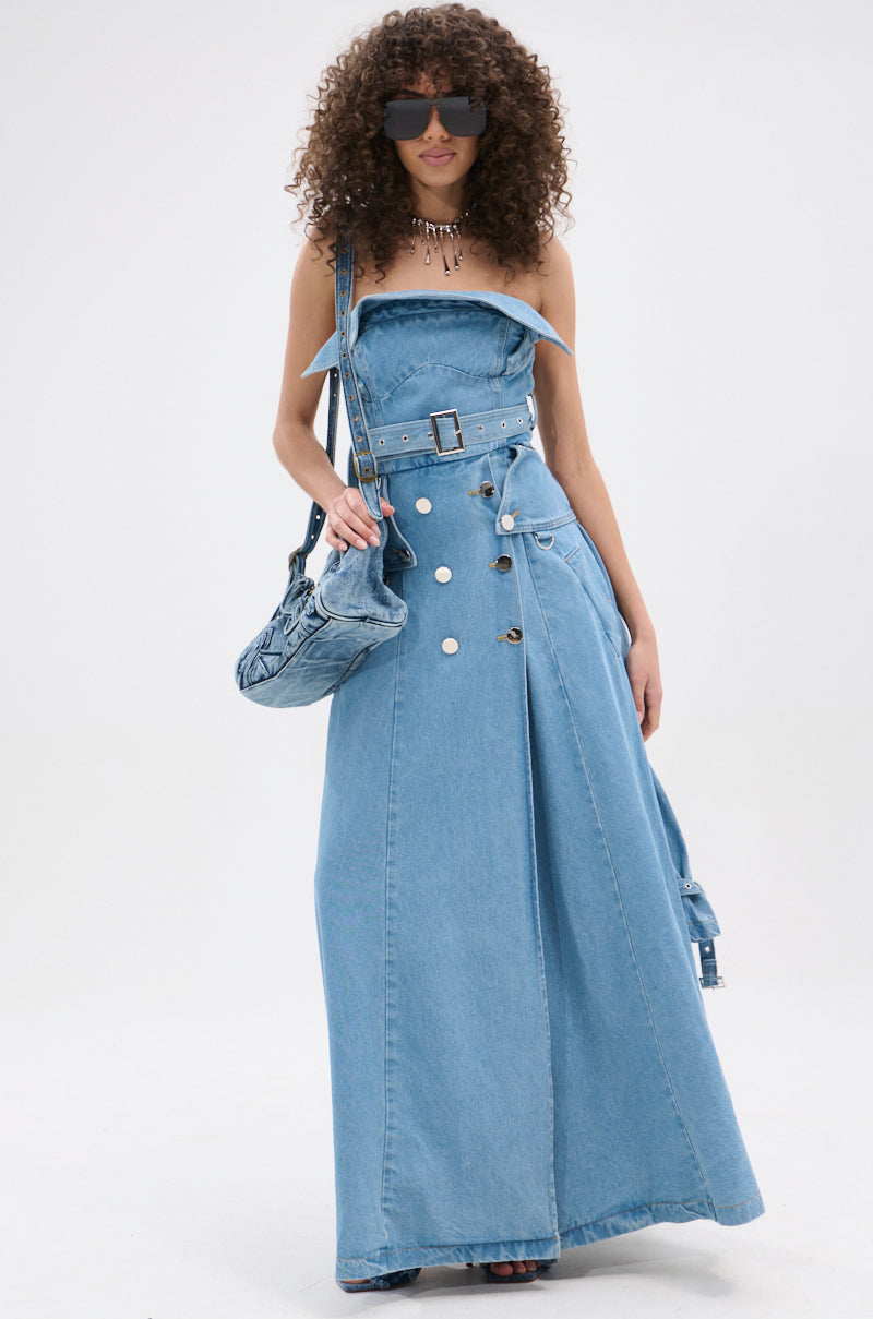 STRAPLESS TRENCH MAXI DRESS IN DENIM