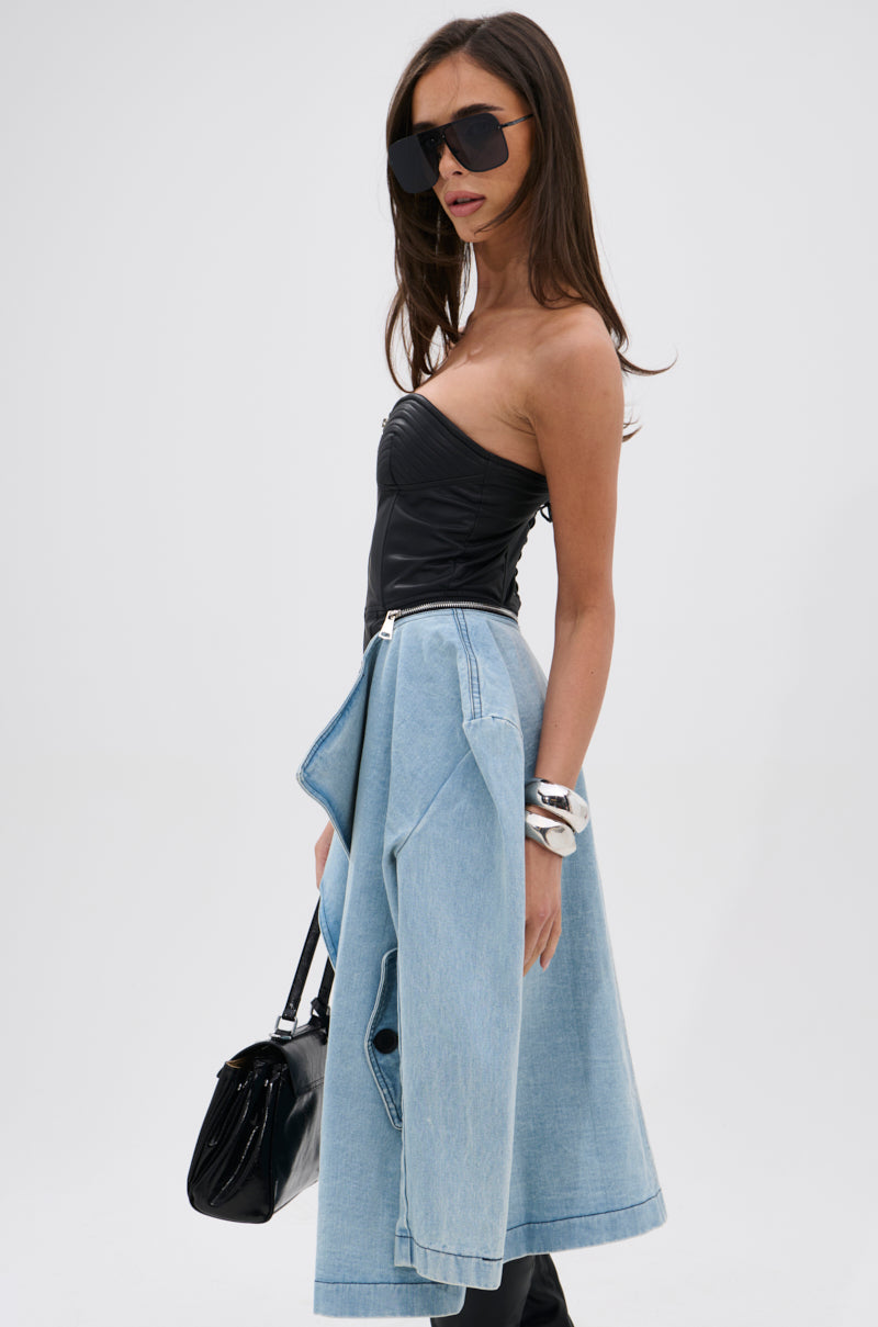 BUSINESS IN THE FRONT DENIM BLAZER MIDI DRESS