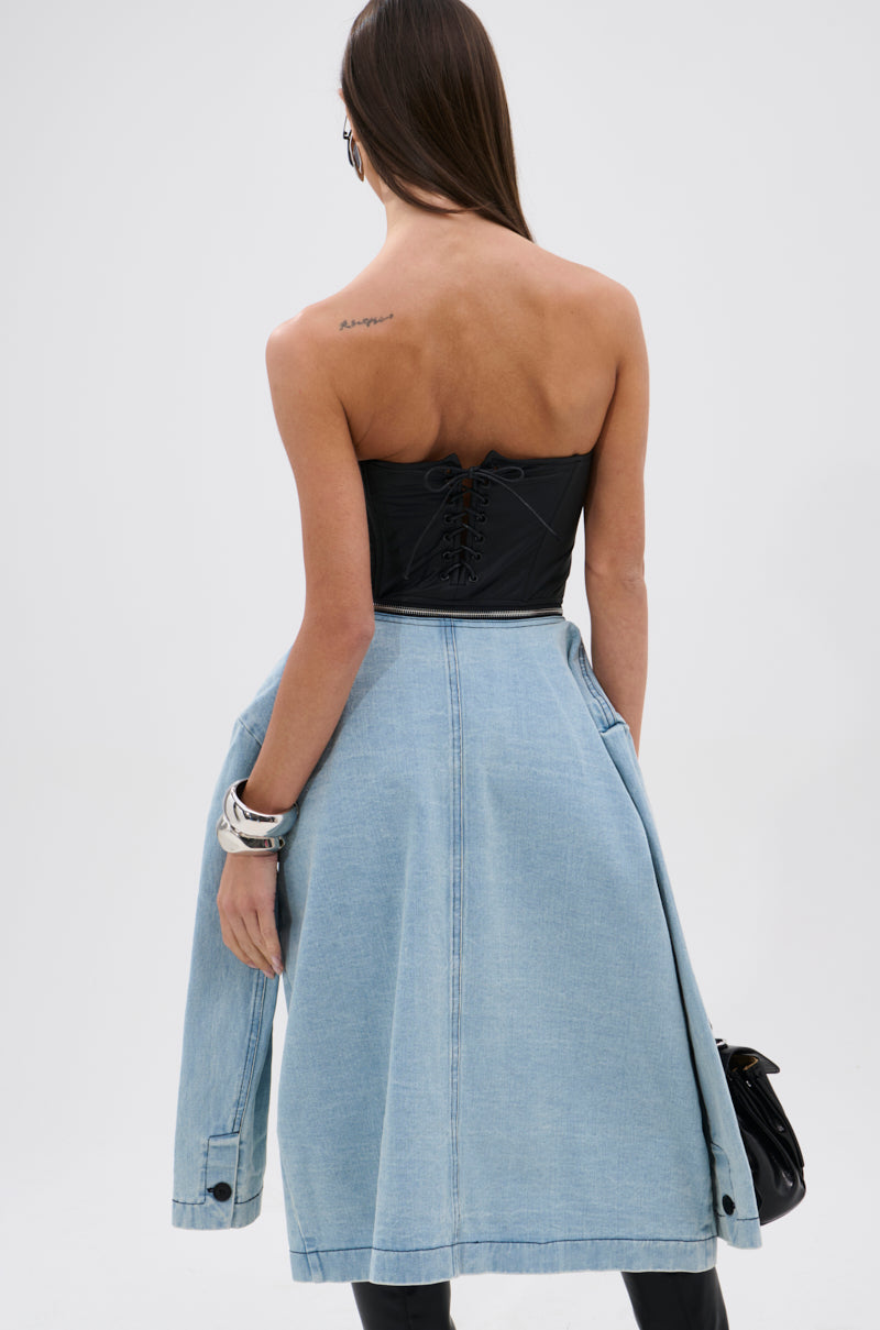 BUSINESS IN THE FRONT DENIM BLAZER MIDI DRESS