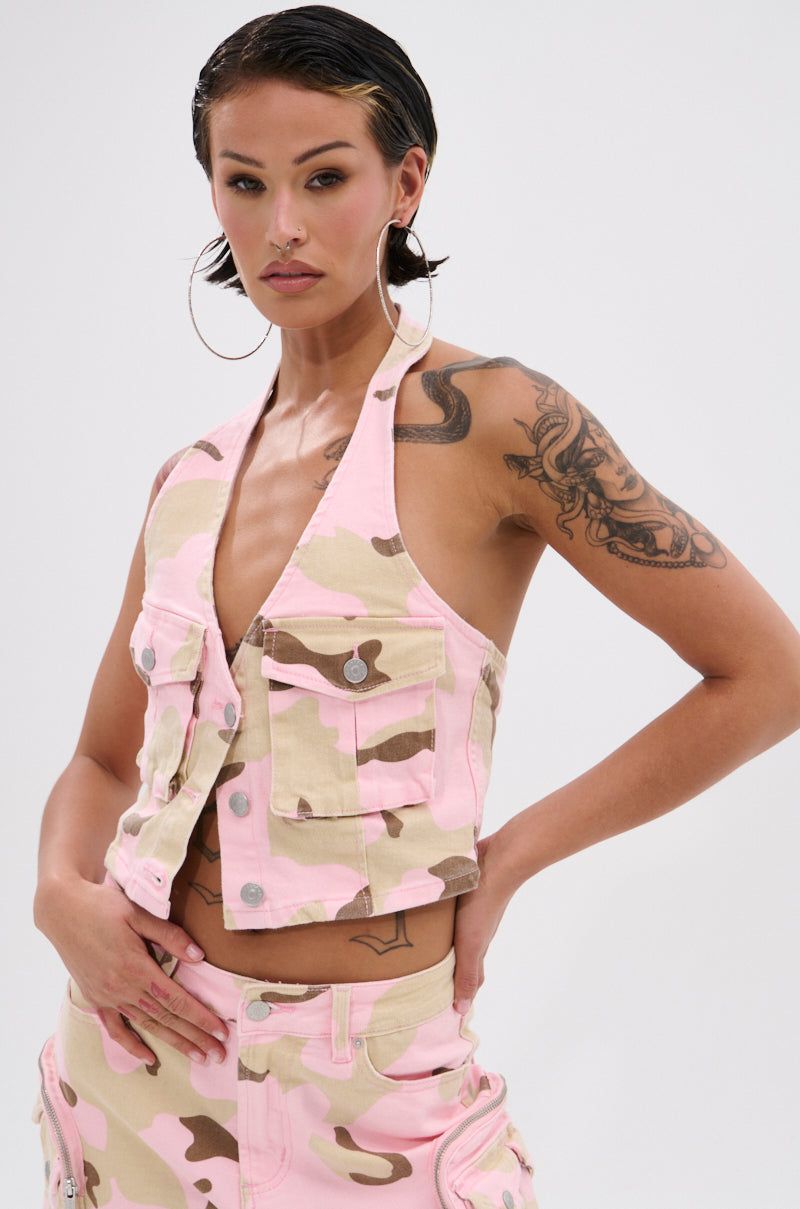 GIRL POWER CAMO BUTTON DOWN HALTER TOP