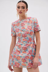 PRETTY IN PINK BROCADE BEADED MINI DRESS