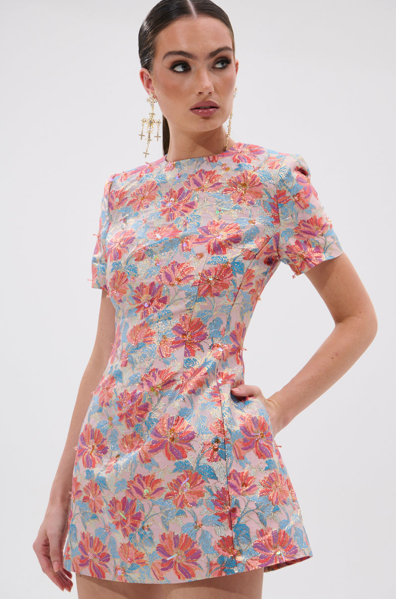 PRETTY IN PINK BROCADE BEADED MINI DRESS