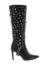 AZALEA WANG AKRISTA BLACK HARDWARE EMBELLISHED STILETTO KNEE HIGH BOOT