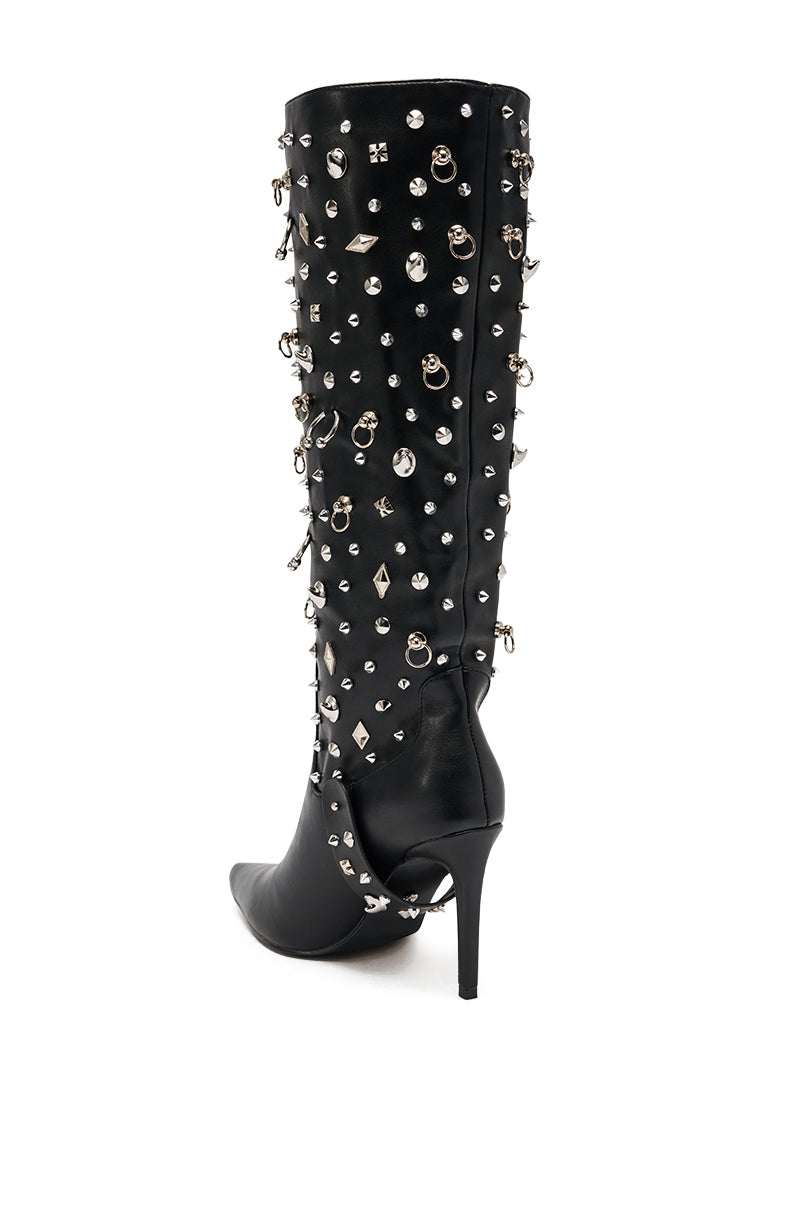 AZALEA WANG AKRISTA BLACK HARDWARE EMBELLISHED STILETTO KNEE HIGH BOOT