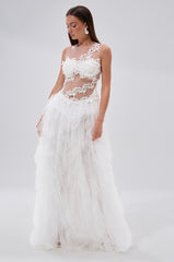 FELT CUTE RUFFLE MAXI DRESS WITH FLORAL APPLIQUES