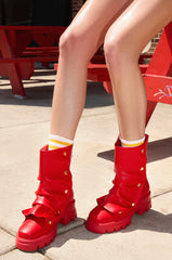 AZALEA WANG BHARTI RED SNAP DETAIL BOOTIE