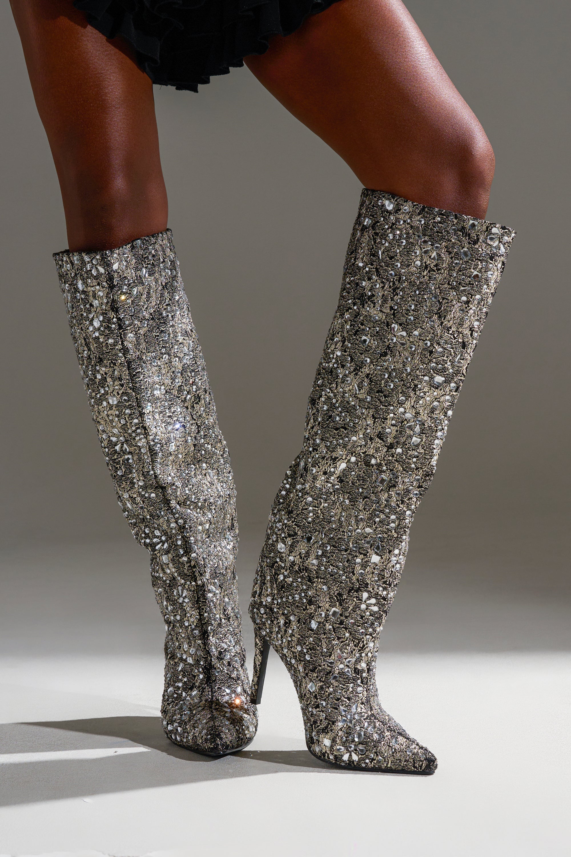 AZALEA WANG BRIELEY GOLD AND BLACK FLORAL BROCADE KNEE HIGH BOOT