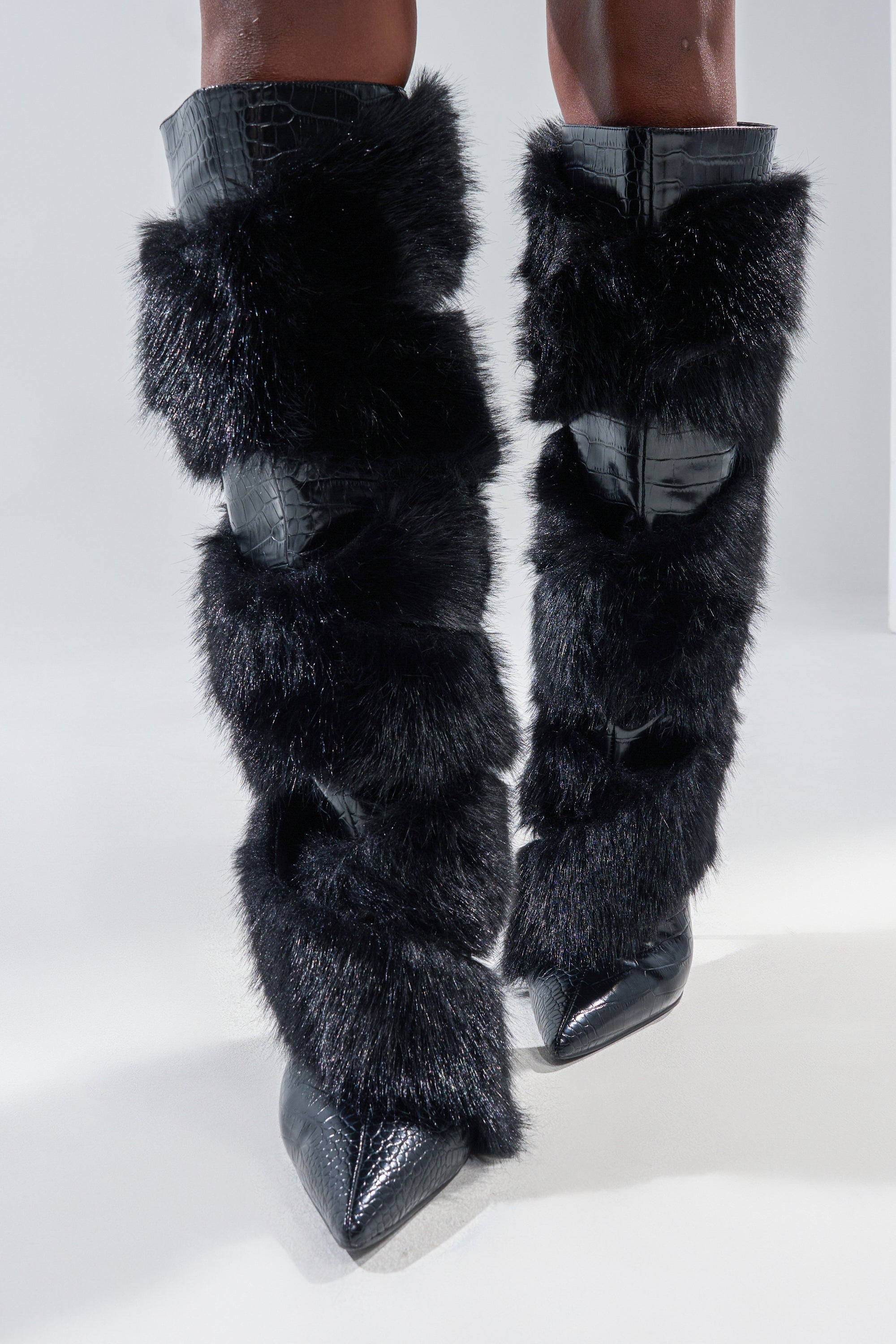 AZALEA WANG CONRADDE BLACK MIXED MATERIAL FUR AND SNAKE STILETTO BOOT