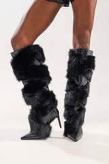 AZALEA WANG CONRADDE BLACK MIXED MATERIAL FUR AND SNAKE STILETTO BOOT