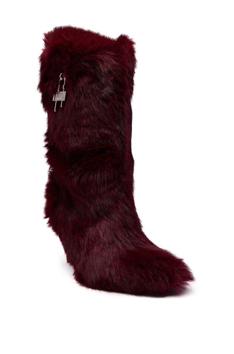 AZALEA WANG DAMME RED FUR BOOTIE WITH LOCK DETAIL