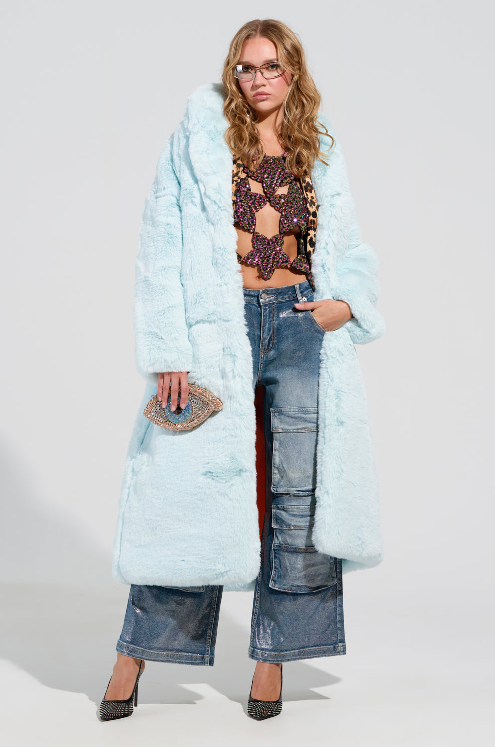 DAYANNE FAUX FUR TRENCH IN LIGHT BLUE