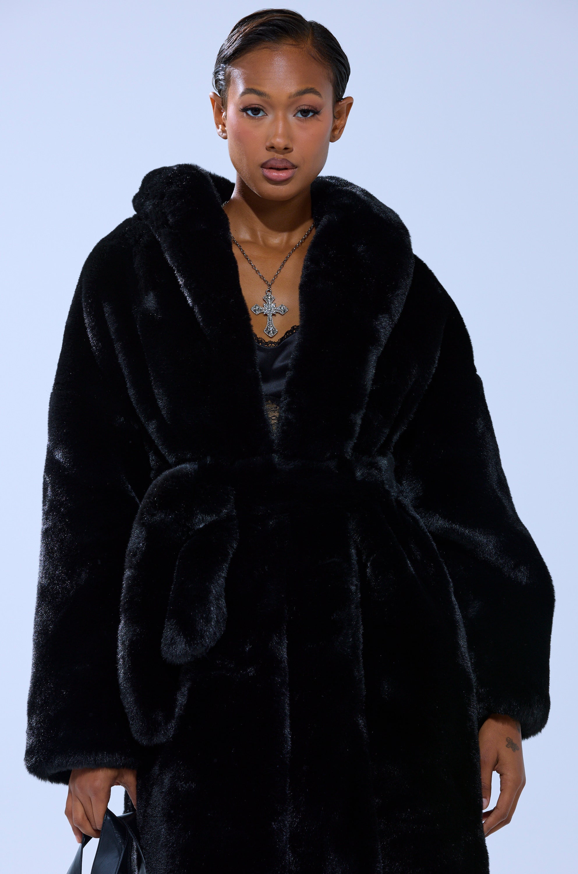 DAYANNE LONG SATIN LINING FAUX FUR TRENCH COAT