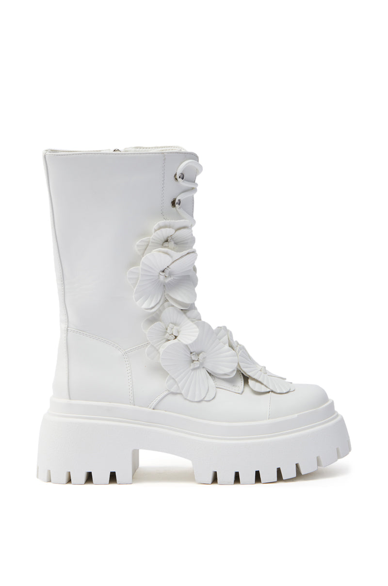 AZALEA WANG DEVOIR WHITE FLOWER EMBELLISHED COMBAT BOOTIE